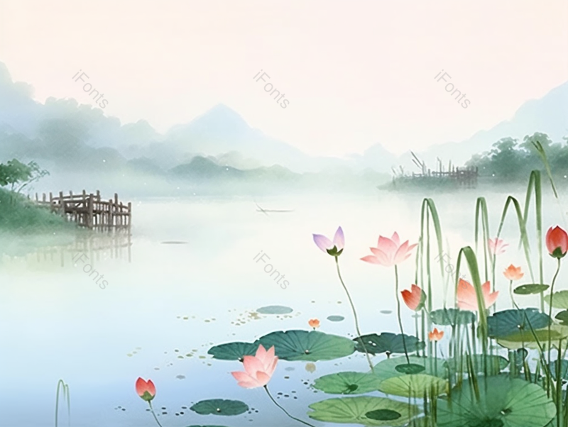 小暑池塘湖面上朦胧风景背景,插画/手绘图,插画/手绘图库,插画/手绘图下载,插画/手绘